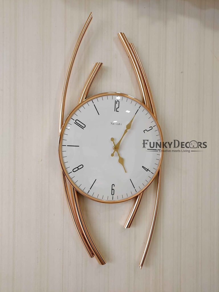 Funkytradition Minimalistic Metal Golden White Big Wall Clock Watch Decor For Home Office And Gifts