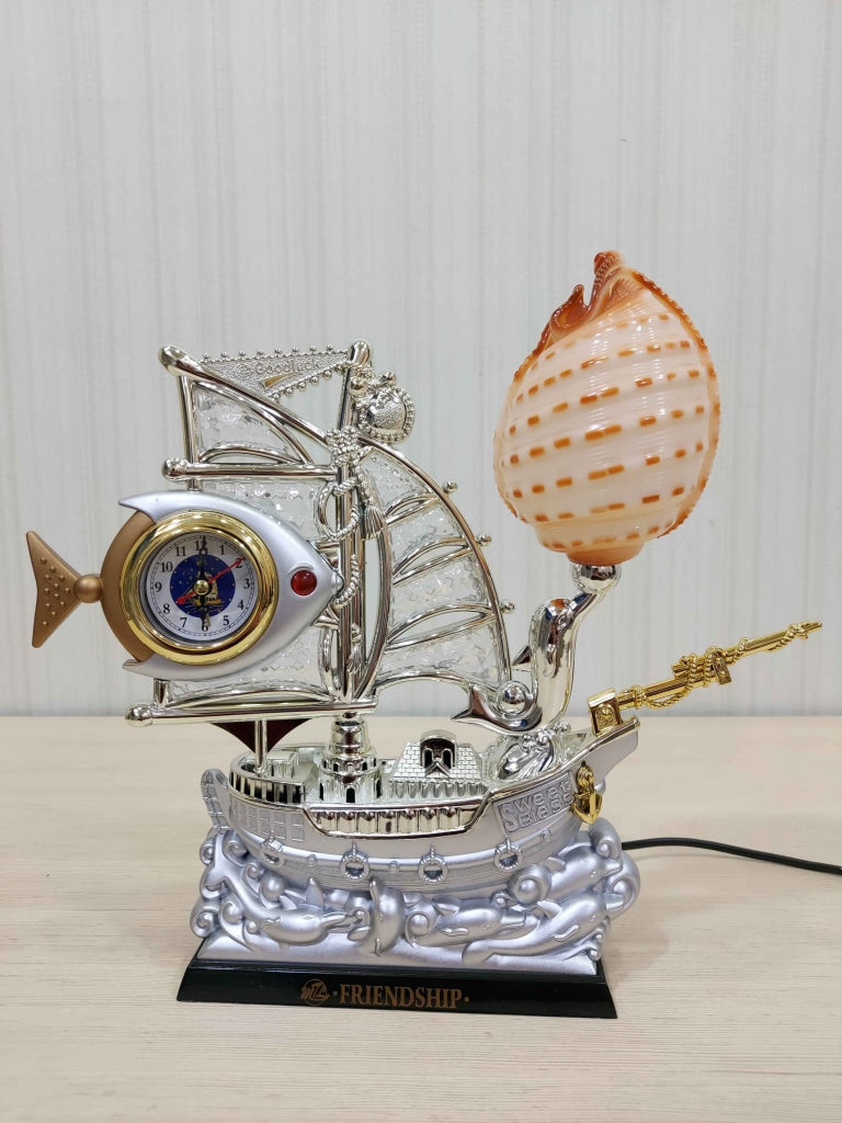 Funkytradition Pink Golden Fish Vintage Pirates Ship Table Lamp With Alarm Clock For Christmas