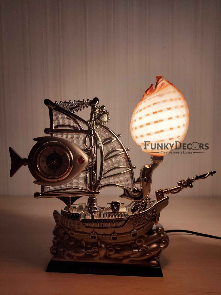 FunkyDecors Pink Golden Fish Vintage Pirates Ship Table Lamp With Alarm Clock For Christmas