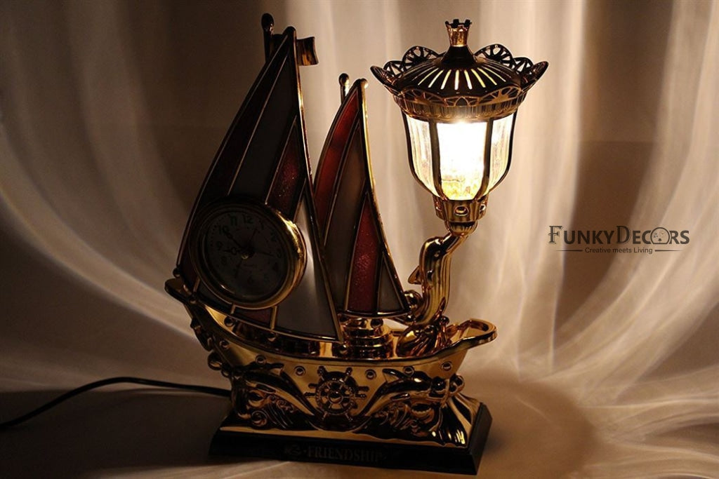 FunkyDecors Pink Golden Flag Vintage Pirates Ship Table Lamp with Alarm Clock for Christmas, Anniversary, Birthday Gift, Home and Office Decor