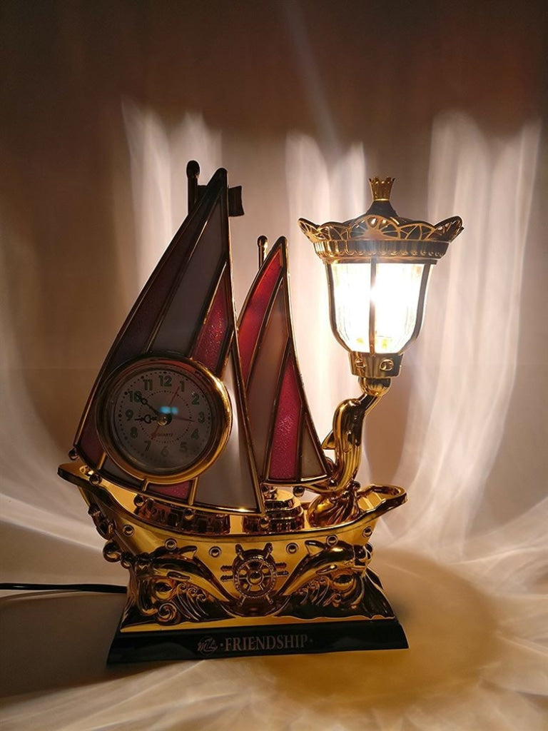 FunkyDecors Pink Golden Flag Vintage Pirates Ship Table Lamp with Alarm Clock for Christmas, Anniversary, Birthday Gift, Home and Office Decor
