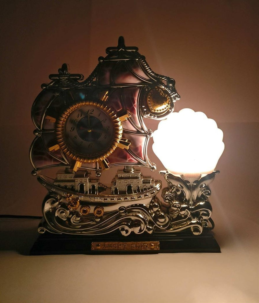 FunkyTradition Pink Silver Sailboat Vintage Pirates Ship Table Lamp with Alarm Clock for Christmas, Anniversary, Birthday Gift, Home and Office Decor