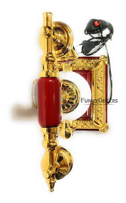 FunkyTradition Red Golden Vintage Style Telephone Table Lamp with Alarm Clock for Christmas, Anniversary, Birthday Gift, Home and Office Decor