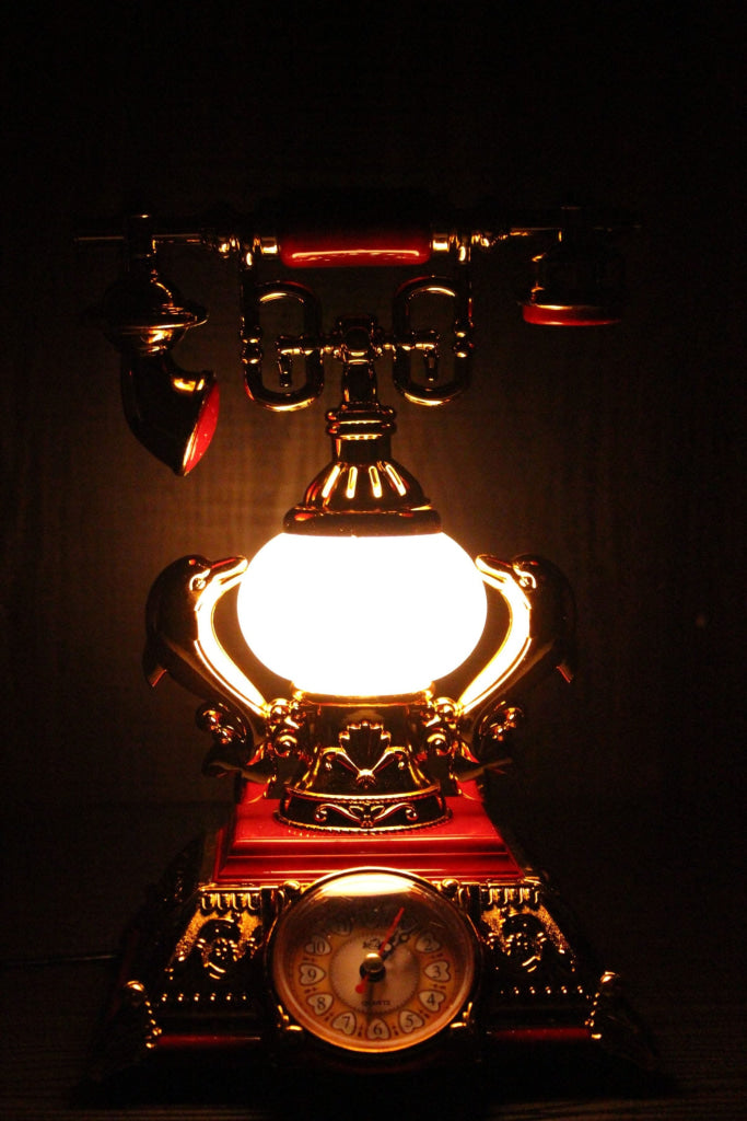 FunkyDecors Red Golden Vintage Style Telephone Table Lamp with Alarm Clock for Christmas, Anniversary, Birthday Gift, Home and Office Decor