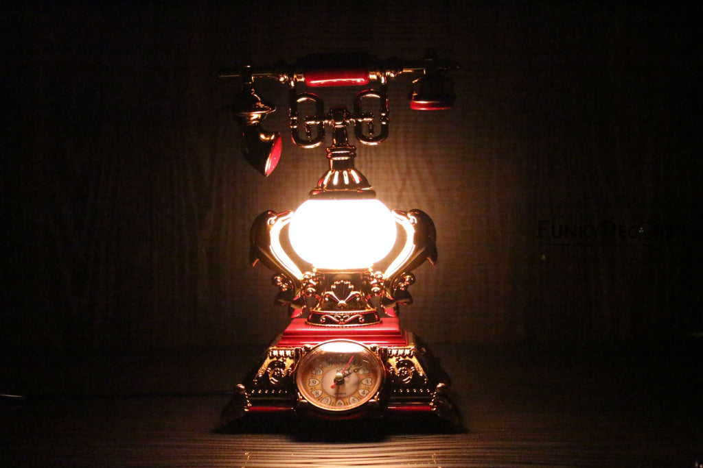 FunkyDecors Red Golden Vintage Style Telephone Table Lamp with Alarm Clock for Christmas, Anniversary, Birthday Gift, Home and Office Decor
