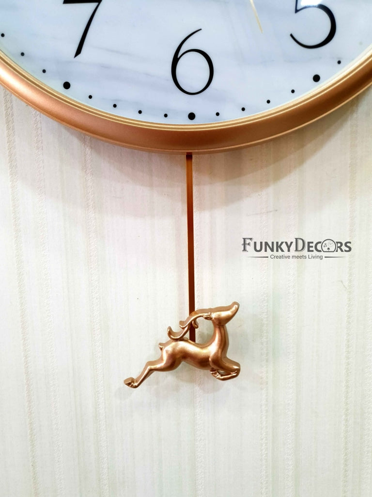 FunkyDecors Rose Golden Reindeer Pendulum Wall Clock For Home Office Decor And Gifts 68 Cm Tall
