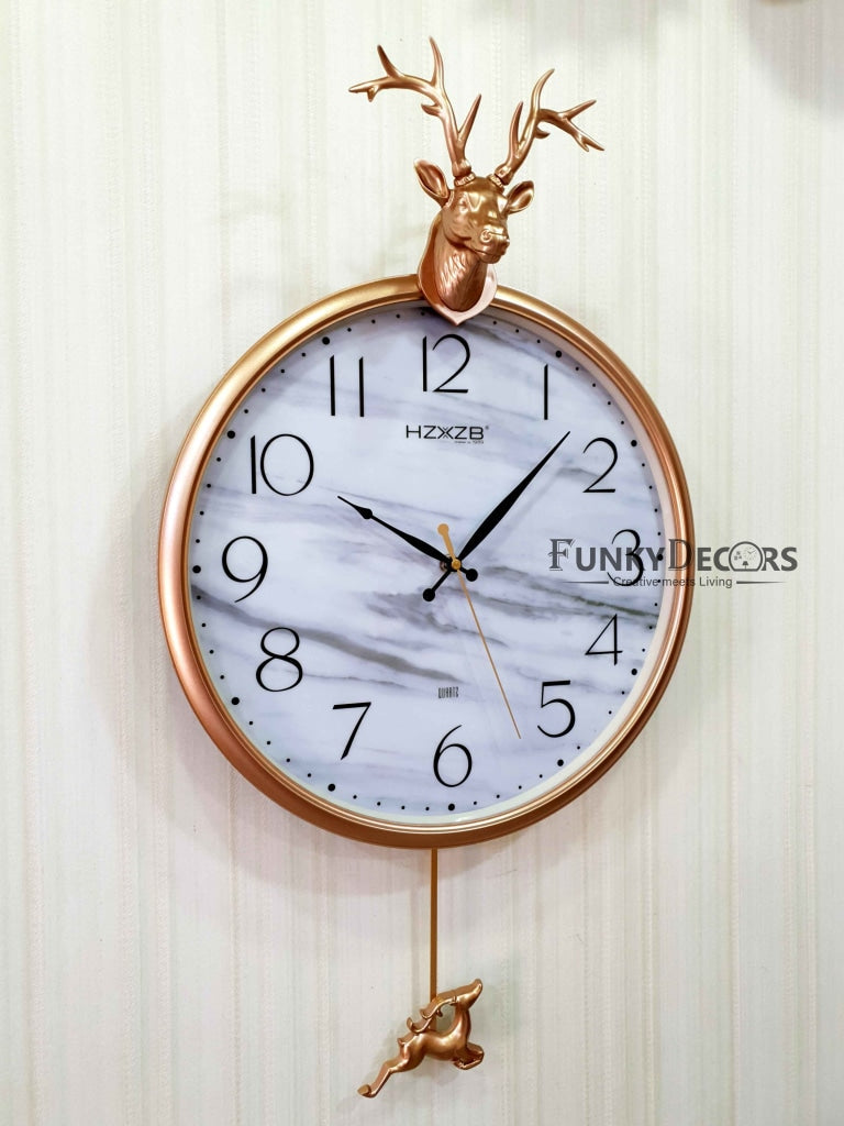 FunkyDecors Rose Golden Reindeer Pendulum Wall Clock For Home Office Decor And Gifts 68 Cm Tall