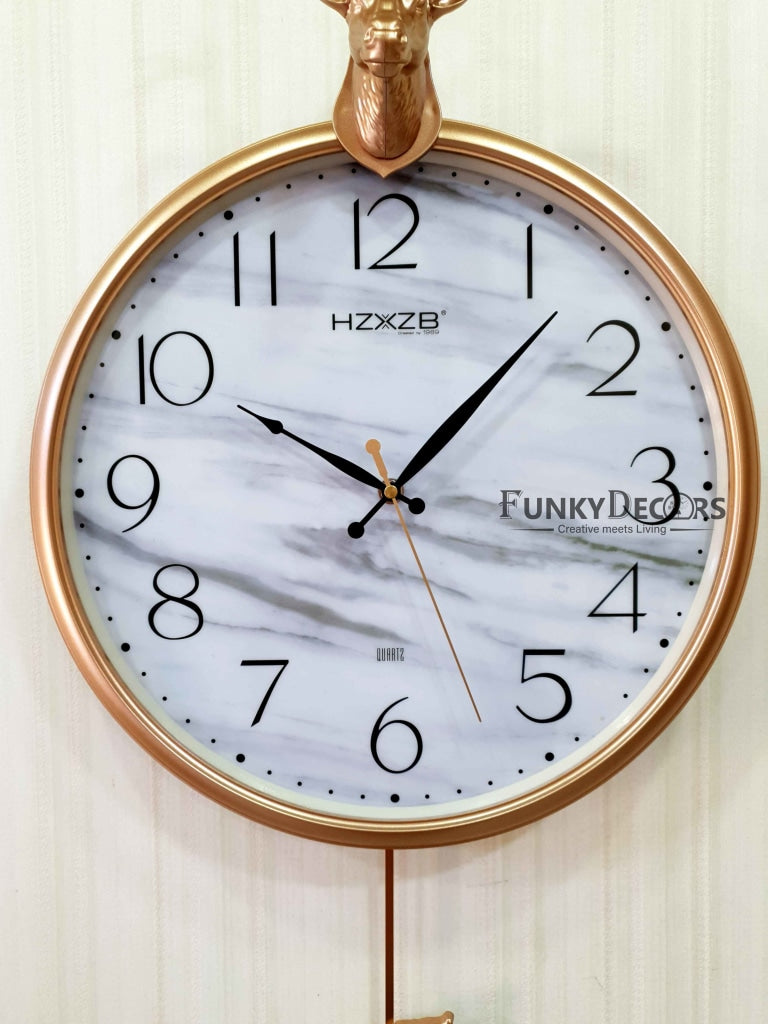 FunkyDecors Rose Golden Reindeer Pendulum Wall Clock For Home Office Decor And Gifts 68 Cm Tall
