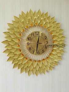 Funkytradition Royal Golden 3D Flower Leaf Diamond Studded Wall Clock For Home Office Decor And