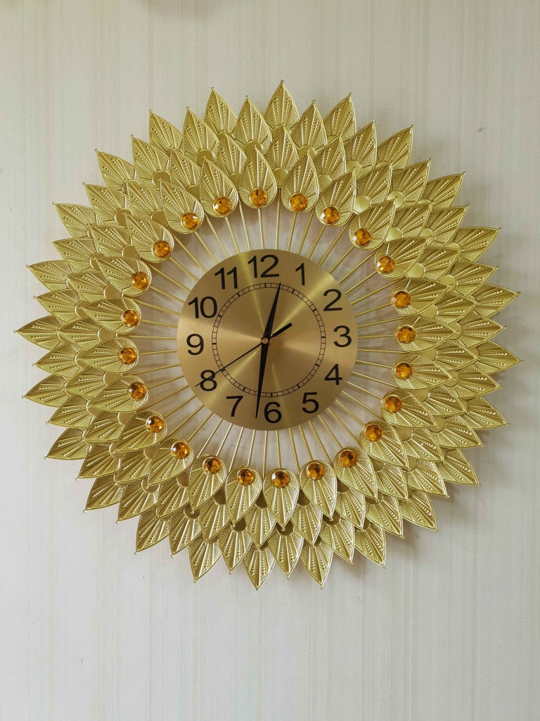 FunkyDecors Royal Golden 3D Flower Leaf Diamond Studded Wall Clock For Home Office Decor And