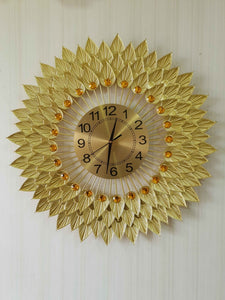 Funkytradition Royal Golden 3D Flower Leaf Diamond Studded Wall Clock For Home Office Decor And
