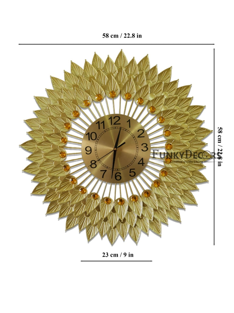 Funkytradition Royal Golden 3D Flower Leaf Diamond Studded Wall Clock For Home Office Decor And
