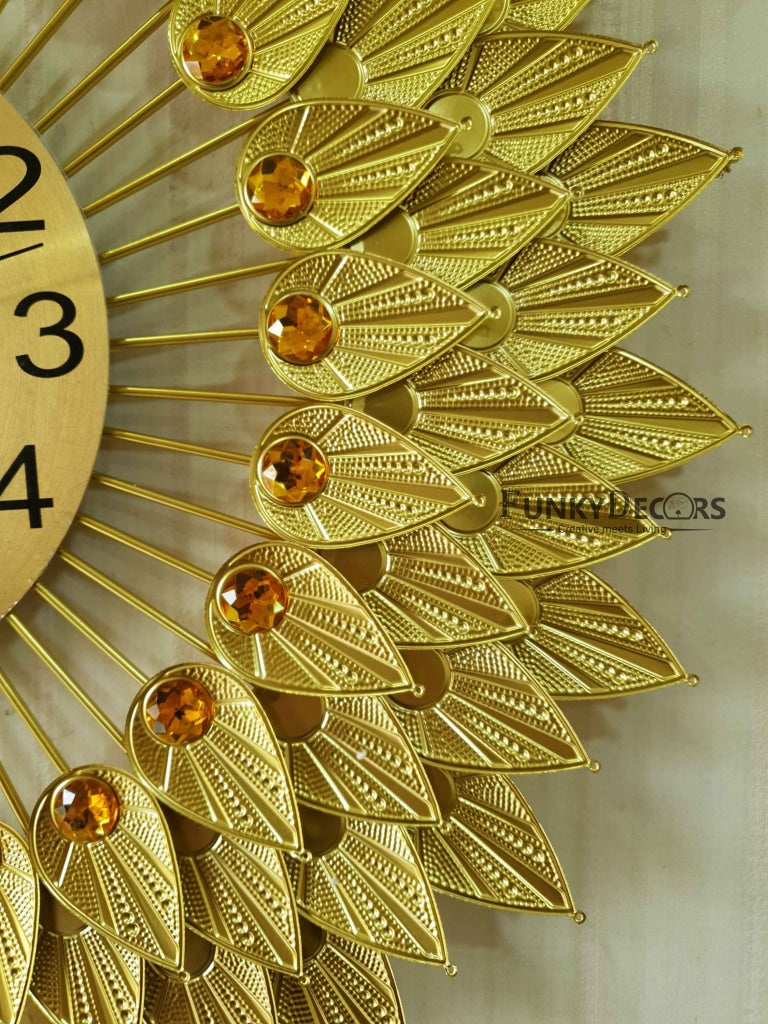 Funkytradition Royal Golden 3D Flower Leaf Diamond Studded Wall Clock For Home Office Decor And