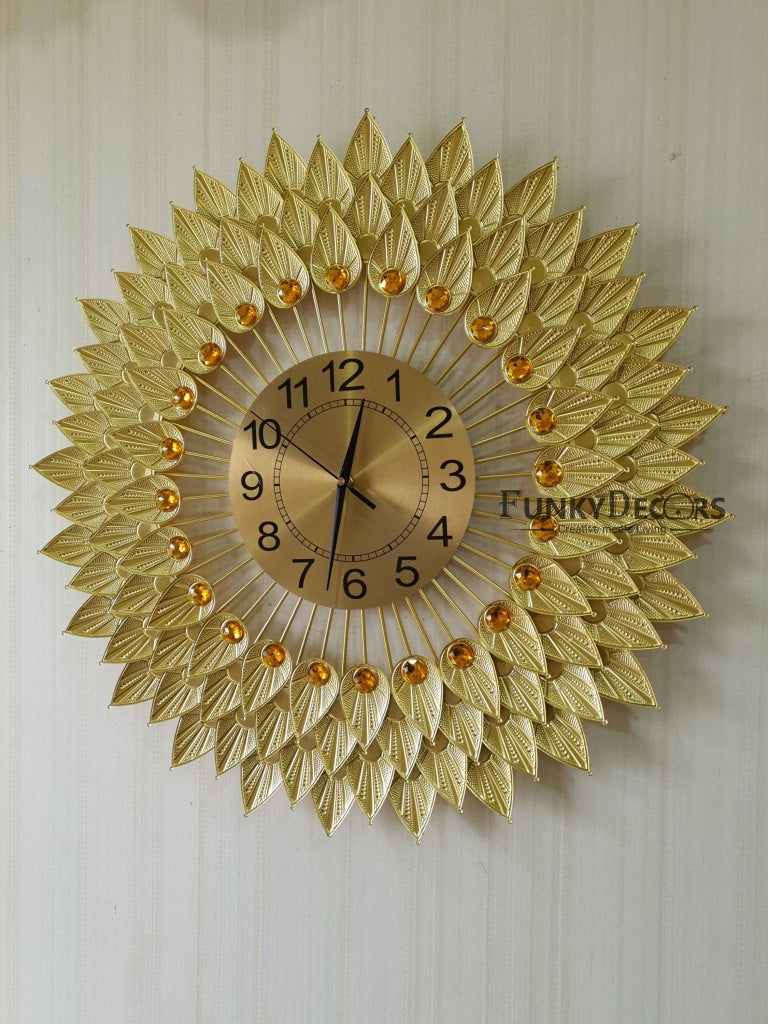 Funkytradition Royal Golden 3D Flower Leaf Diamond Studded Wall Clock For Home Office Decor And