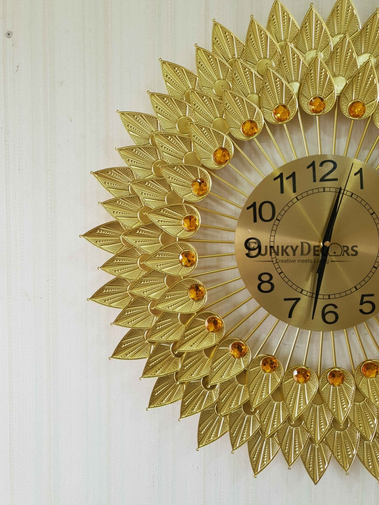 Funkytradition Royal Golden 3D Flower Leaf Diamond Studded Wall Clock For Home Office Decor And