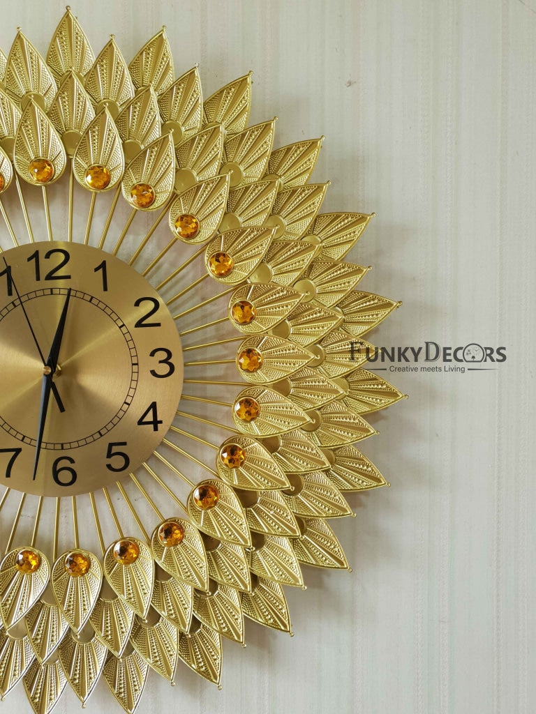 Funkytradition Royal Golden 3D Flower Leaf Diamond Studded Wall Clock For Home Office Decor And