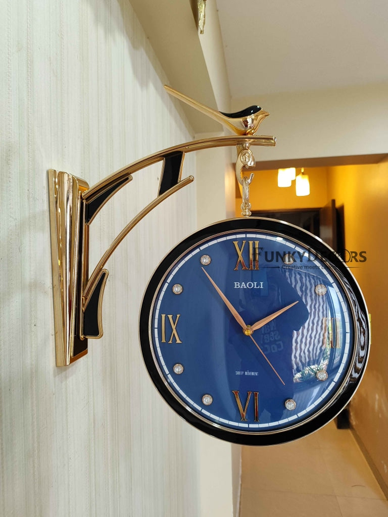 FunkyDecors Sparrow Designer Antique-Look Golden Blue-Black-White Round Wall Hanging Double Sided