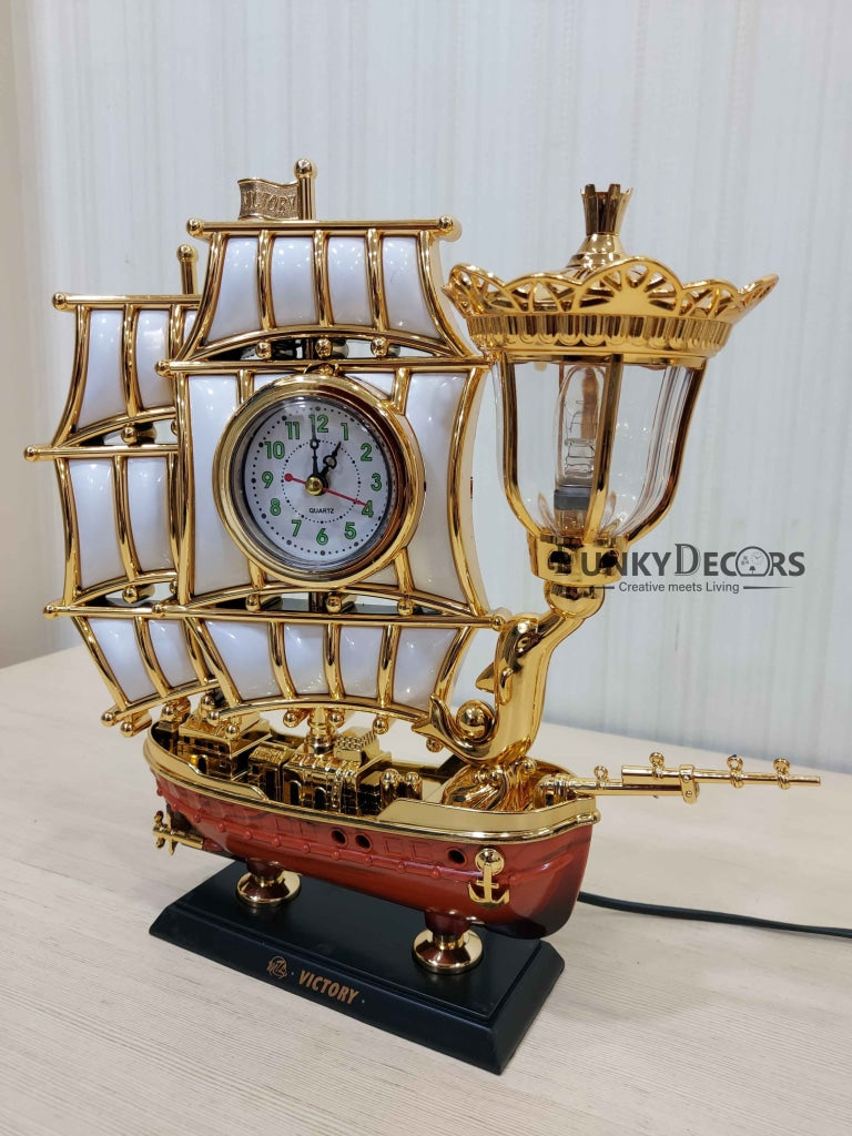 Funkytradition Vintage Pirates Ship Table Lamp With Alarm Clock For Christmas Anniversary Birthday