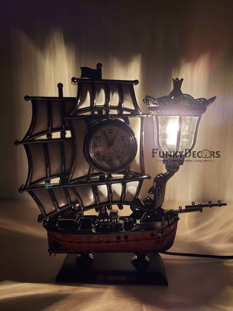 Funkytradition Vintage Pirates Ship Table Lamp With Alarm Clock For Christmas Anniversary Birthday