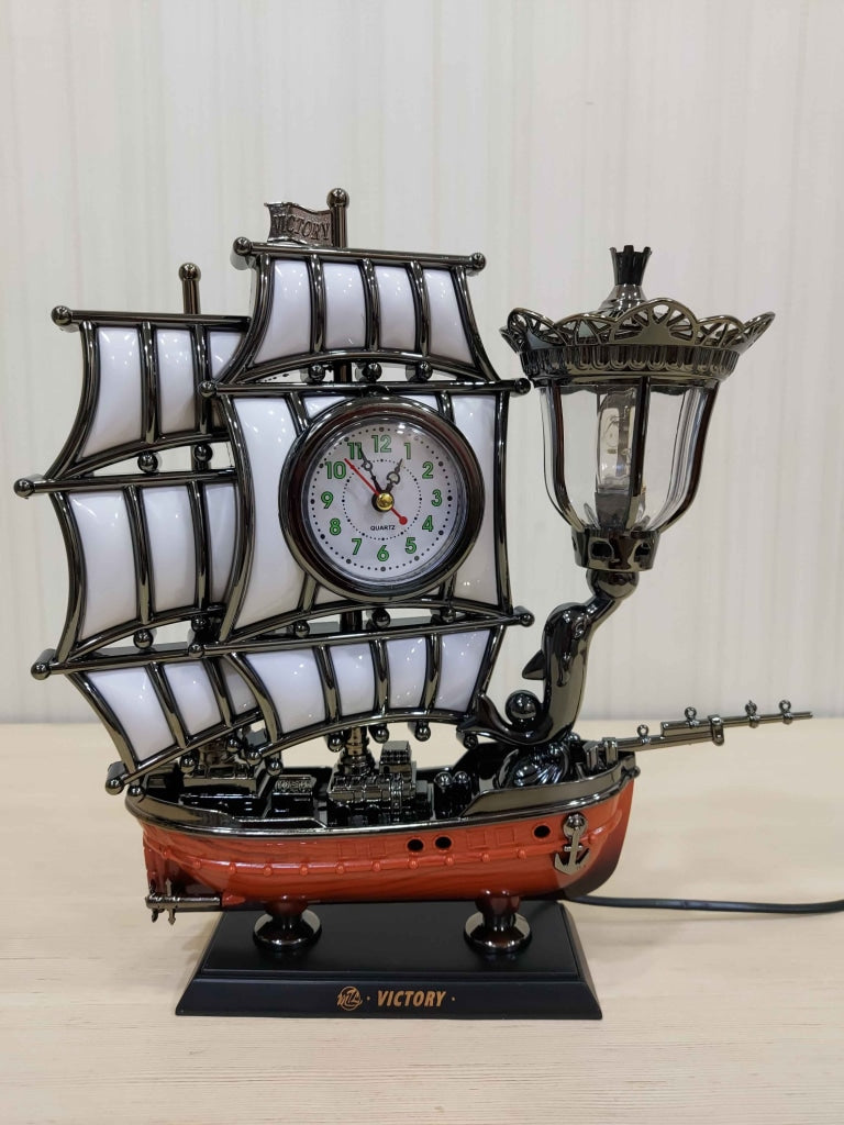 Funkytradition Vintage Pirates Ship Table Lamp With Alarm Clock For Christmas Anniversary Birthday