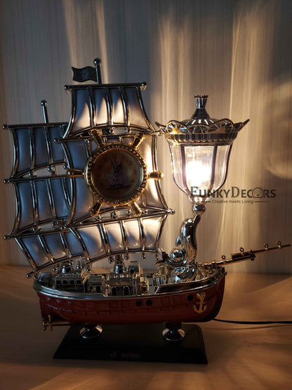 Funkytradition Vintage Pirates Ship Table Lamp With Alarm Clock For Christmas Anniversary Birthday