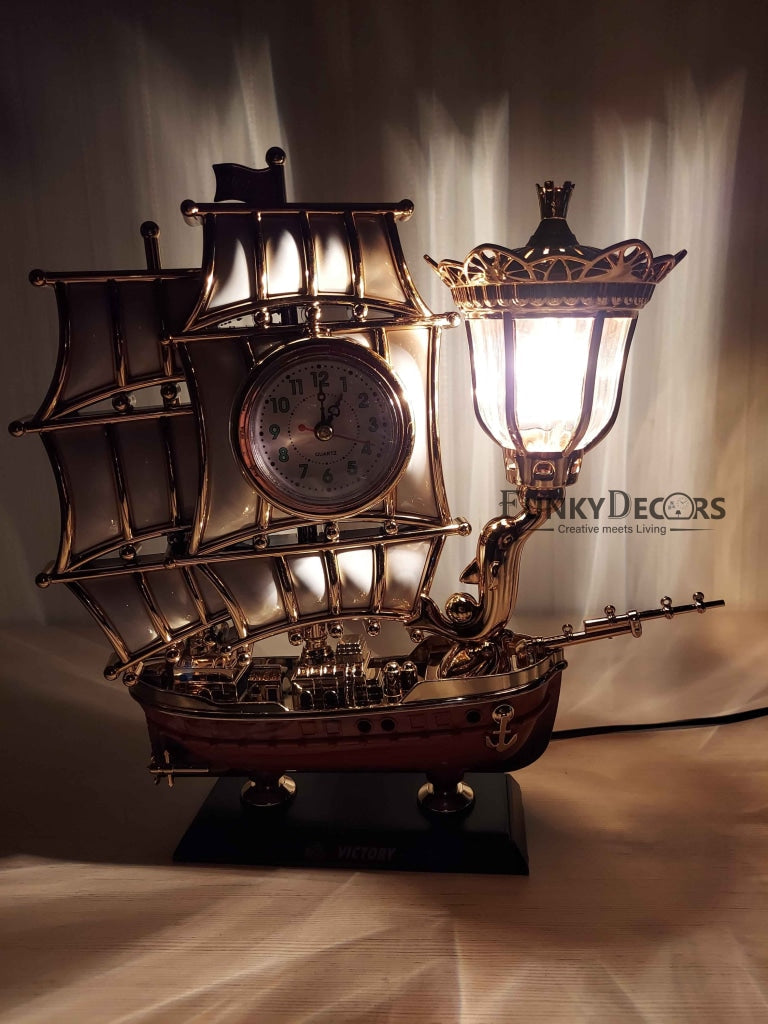 Funkytradition Vintage Pirates Ship Table Lamp With Alarm Clock For Christmas Anniversary Birthday