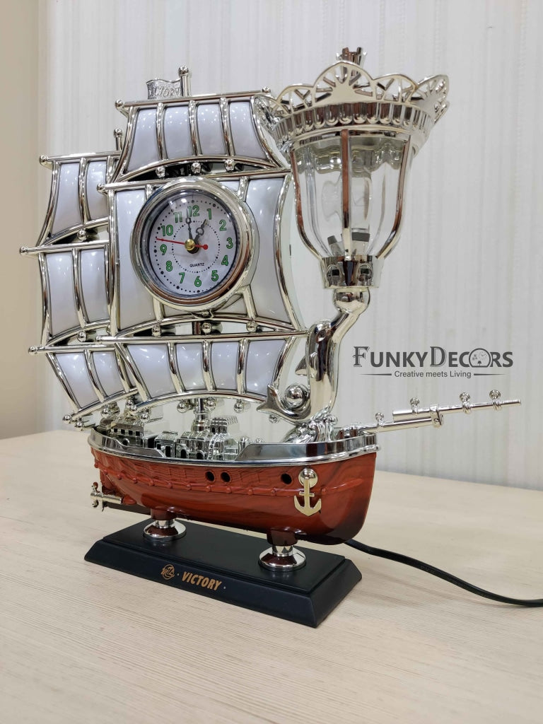 Funkytradition Vintage Pirates Ship Table Lamp With Alarm Clock For Christmas Anniversary Birthday