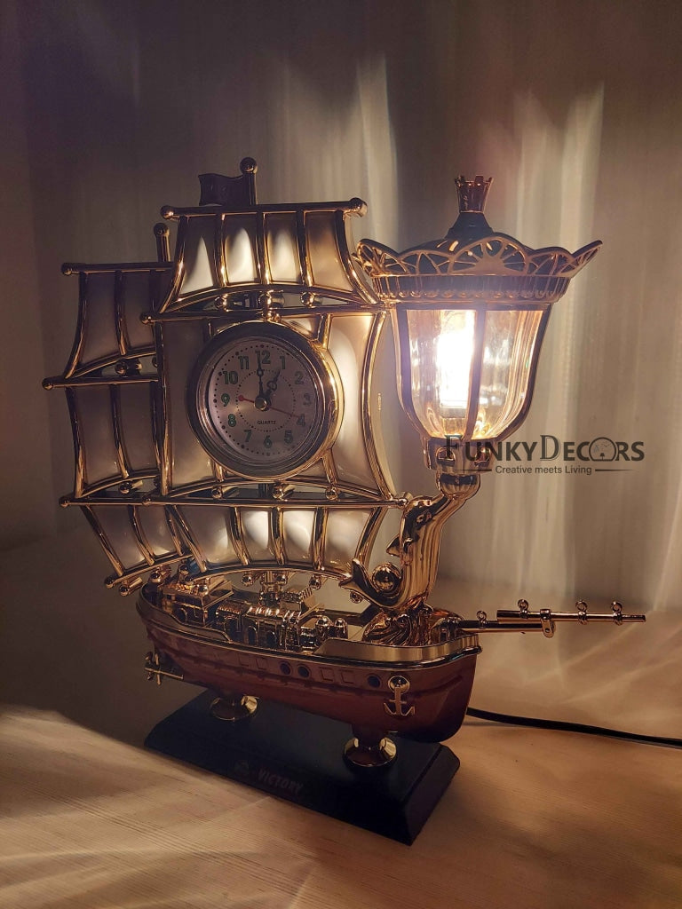 Funkytradition Vintage Pirates Ship Table Lamp With Alarm Clock For Christmas Anniversary Birthday