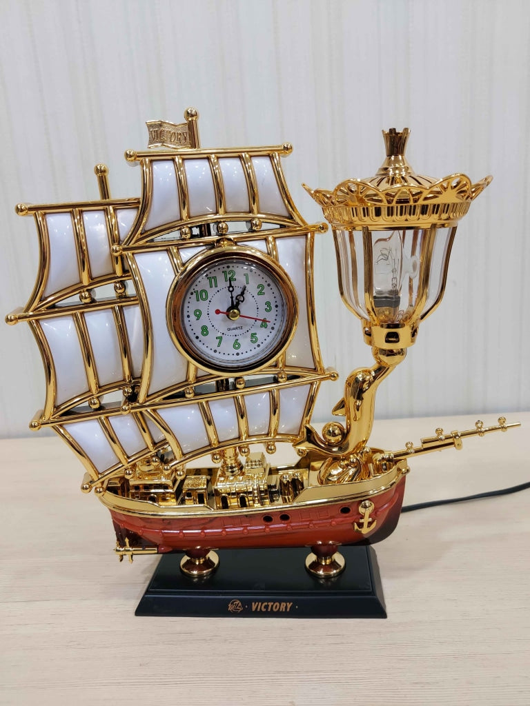 Funkytradition Vintage Pirates Ship Table Lamp With Alarm Clock For Christmas Anniversary Birthday