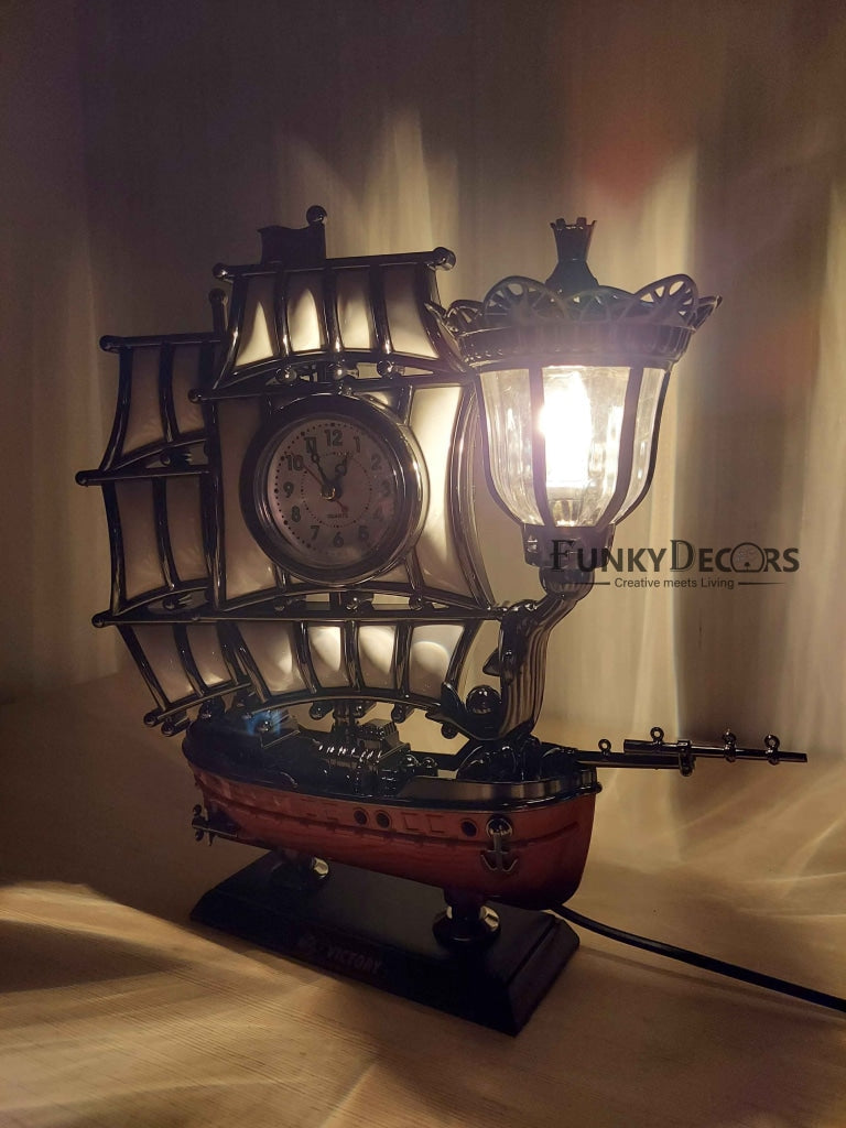 Funkytradition Vintage Pirates Ship Table Lamp With Alarm Clock For Christmas Anniversary Birthday