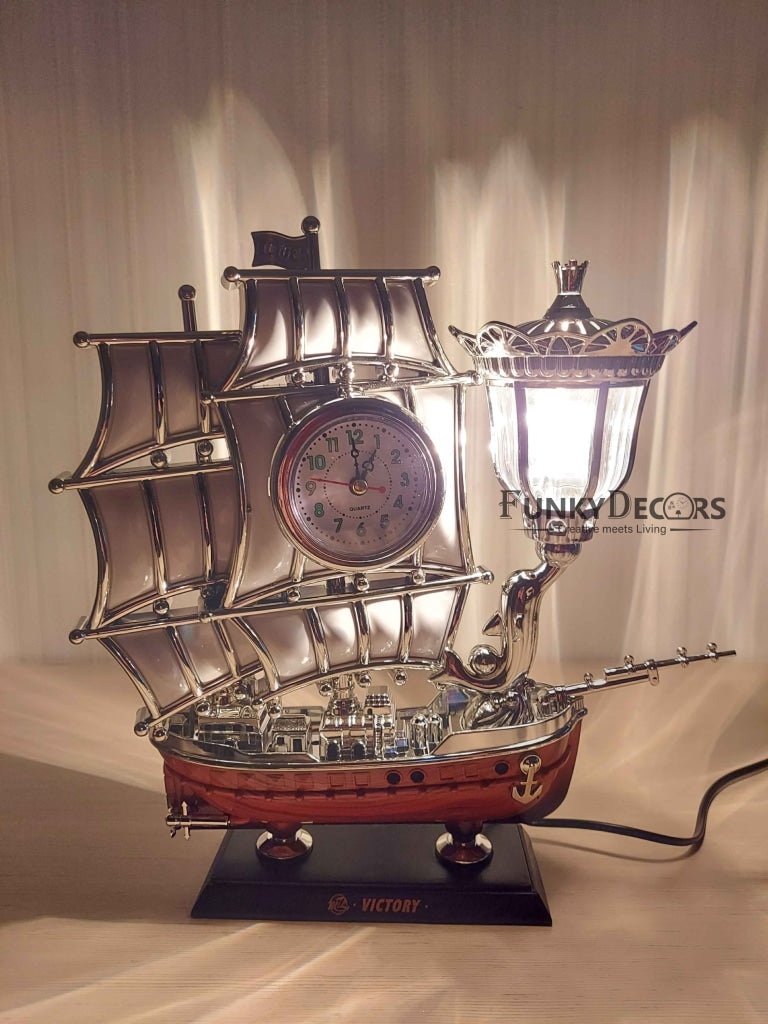 Funkytradition Vintage Pirates Ship Table Lamp With Alarm Clock For Christmas Anniversary Birthday