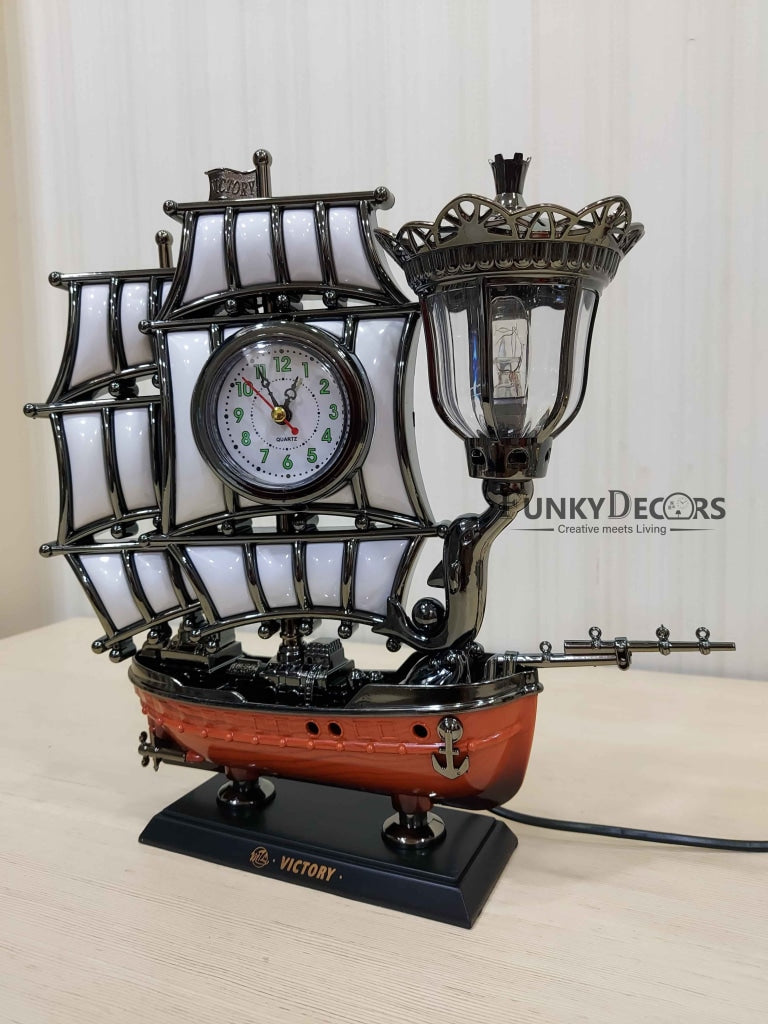 Funkytradition Vintage Pirates Ship Table Lamp With Alarm Clock For Christmas Anniversary Birthday