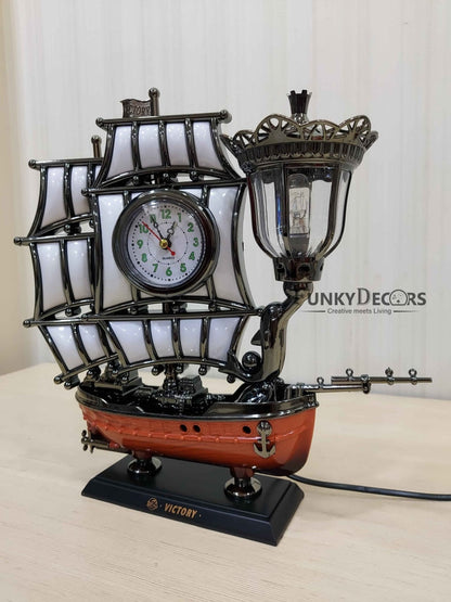 Funkytradition Vintage Pirates Ship Table Lamp With Alarm Clock For Christmas Anniversary Birthday