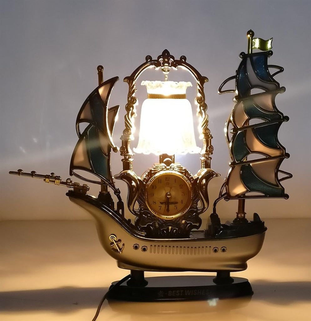 FunkyTradition Vintage Pirates Ship Table Lamp with Alarm Clock for Christmas, Anniversary, Birthday Gift, Home and Office Decor