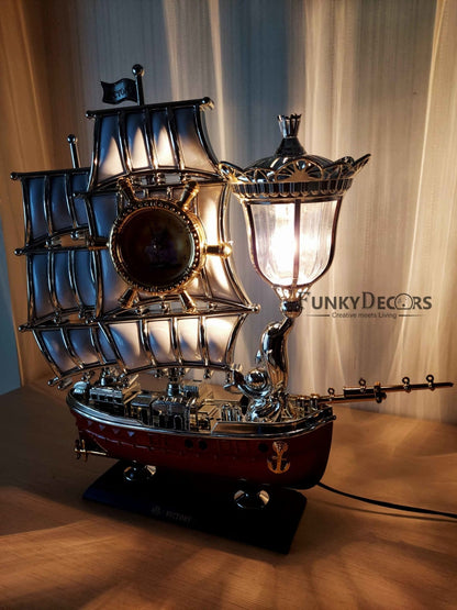 Funkytradition Vintage Pirates Ship Table Lamp With Alarm Clock For Christmas Anniversary Birthday
