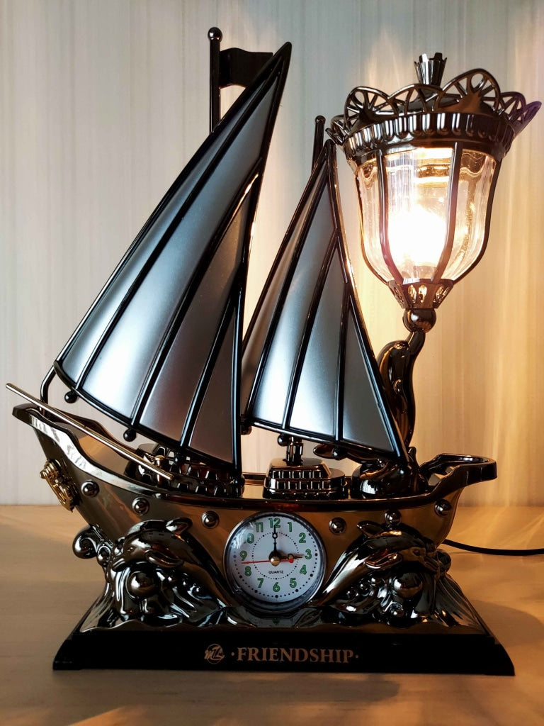 FunkyDecors White Black Flag Vintage Pirates Ship Table Lamp With Alarm Clock For Christmas