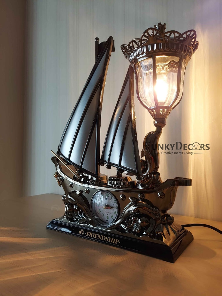 FunkyDecors White Black Flag Vintage Pirates Ship Table Lamp With Alarm Clock For Christmas