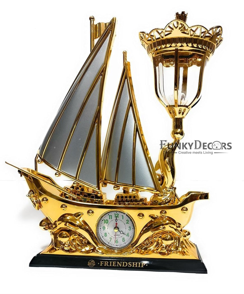 FunkyTradition White Golden Flag Vintage Pirates Ship Table Lamp with Alarm Clock for Christmas, Anniversary, Birthday Gift, Home and Office Decor