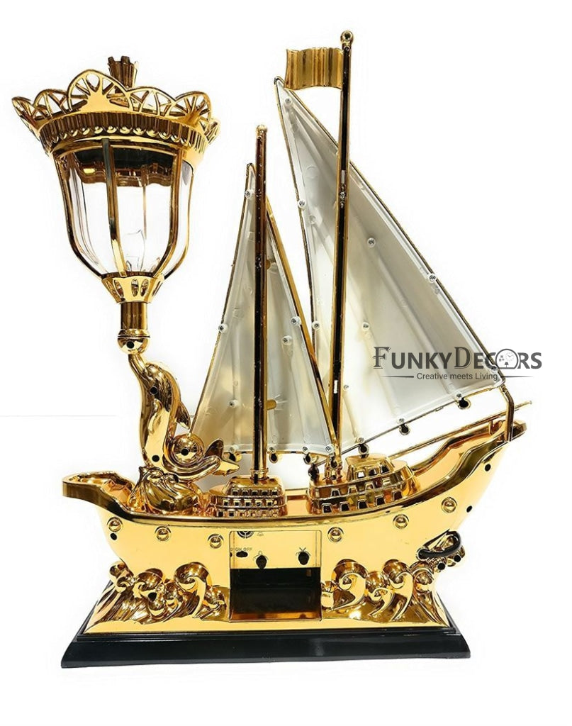 FunkyTradition White Golden Flag Vintage Pirates Ship Table Lamp with Alarm Clock for Christmas, Anniversary, Birthday Gift, Home and Office Decor