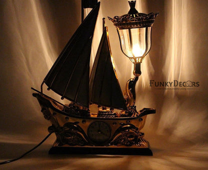 FunkyTradition White Golden Flag Vintage Pirates Ship Table Lamp with Alarm Clock for Christmas, Anniversary, Birthday Gift, Home and Office Decor