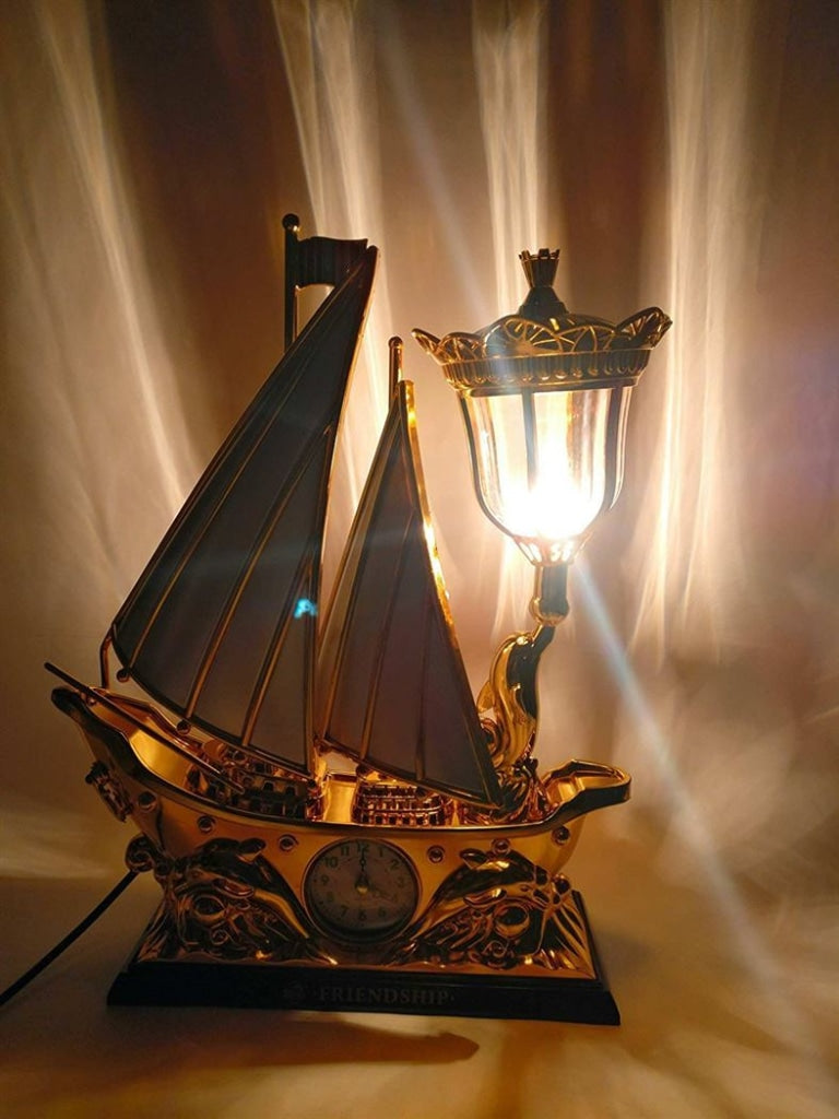 FunkyTradition White Golden Flag Vintage Pirates Ship Table Lamp with Alarm Clock for Christmas, Anniversary, Birthday Gift, Home and Office Decor