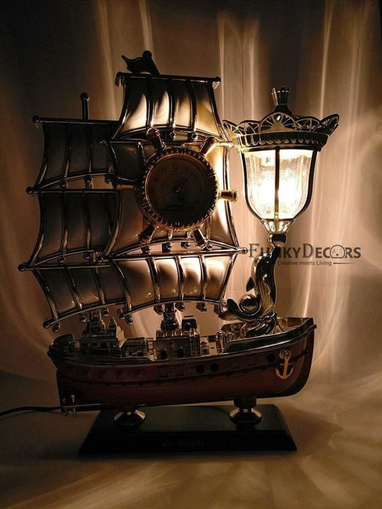 FunkyDecors White Metallic Gold Vintage Pirates Ship Table Lamp with Alarm Clock for Christmas, Anniversary, Birthday Gift, Home and Office Decor Table Lamps FunkyDecors