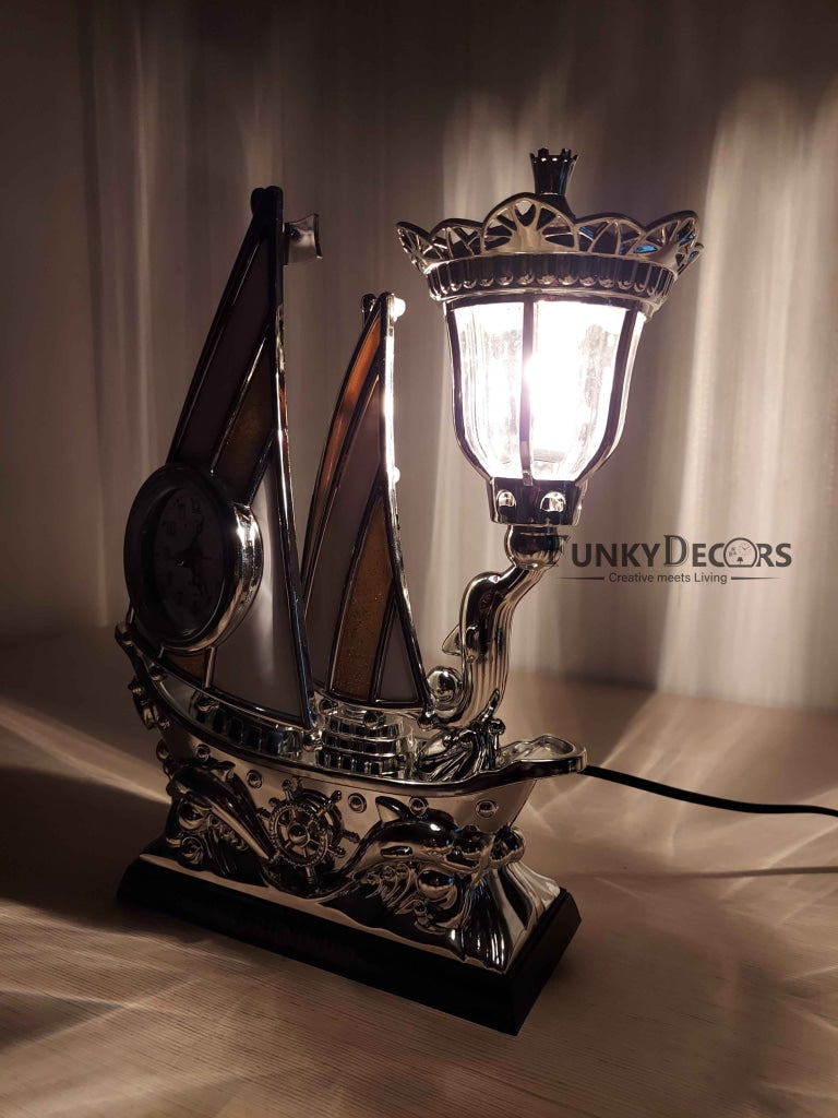 FunkyDecors Yellow Flag Vintage Pirates Ship Table Lamp With Alarm Clock For Christmas