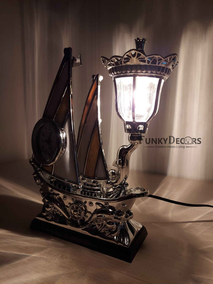 Funkytradition Yellow Flag Vintage Pirates Ship Table Lamp With Alarm Clock For Christmas