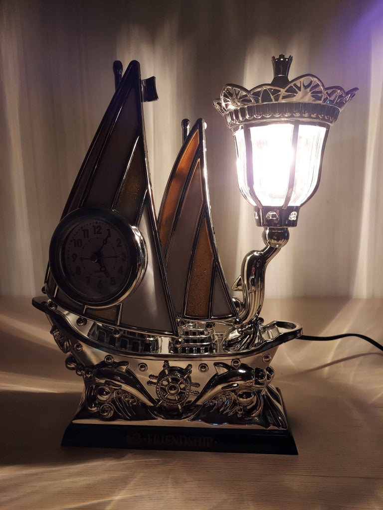 FunkyDecors Yellow Flag Vintage Pirates Ship Table Lamp With Alarm Clock For Christmas