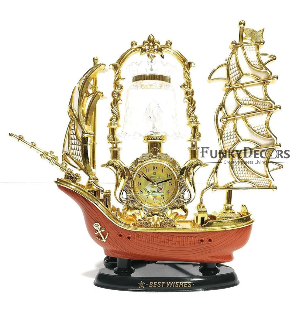 FunkyTradition Yellow Golden Dragon Vintage Pirates Ship Table Lamp with Alarm Clock for Christmas, Anniversary, Birthday Gift, Home and Office Decor
