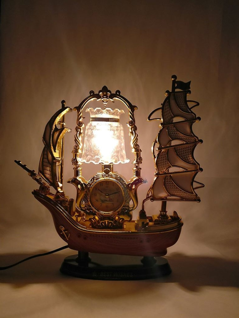 FunkyDecors Yellow Golden Dragon Vintage Pirates Ship Table Lamp with Alarm Clock for Christmas, Anniversary, Birthday Gift, Home and Office Decor