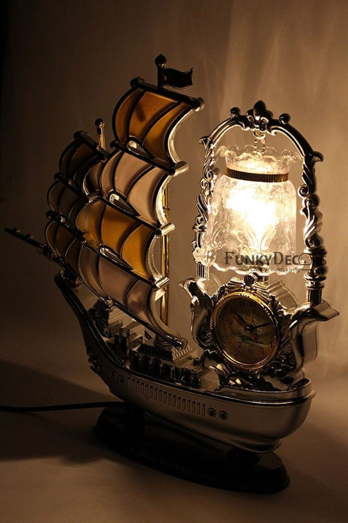 FunkyTradition Yellow Golden Vintage Pirates Ship Table Lamp with Alarm Clock for Christmas, Anniversary, Birthday Gift, Home and Office Decor