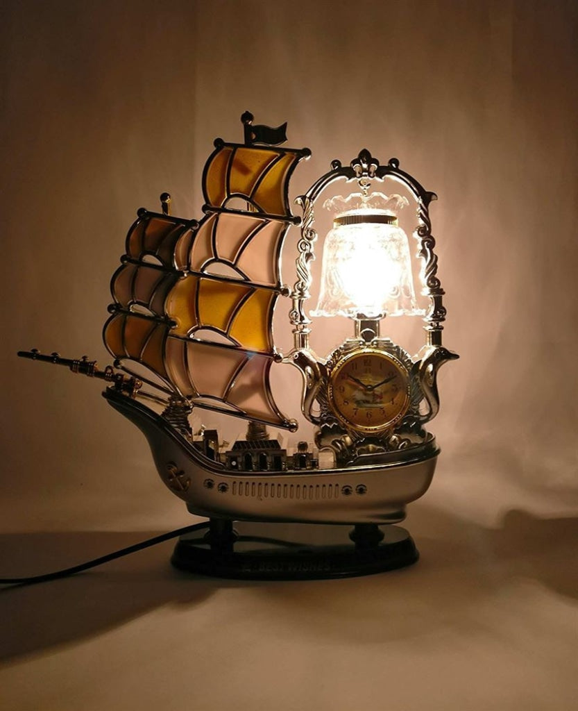 FunkyTradition Yellow Golden Vintage Pirates Ship Table Lamp with Alarm Clock for Christmas, Anniversary, Birthday Gift, Home and Office Decor