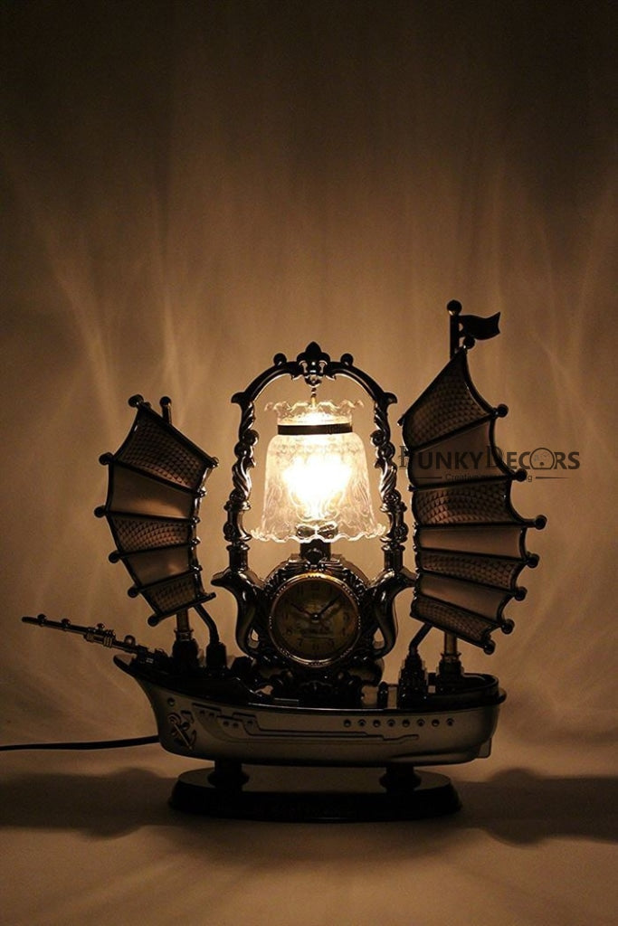 FunkyTradition Yellow Mettalic Dragon Sailboat Vintage Pirates Ship Table Lamp with Alarm Clock for Christmas, Anniversary, Birthday Gift, Home and Office Decor
